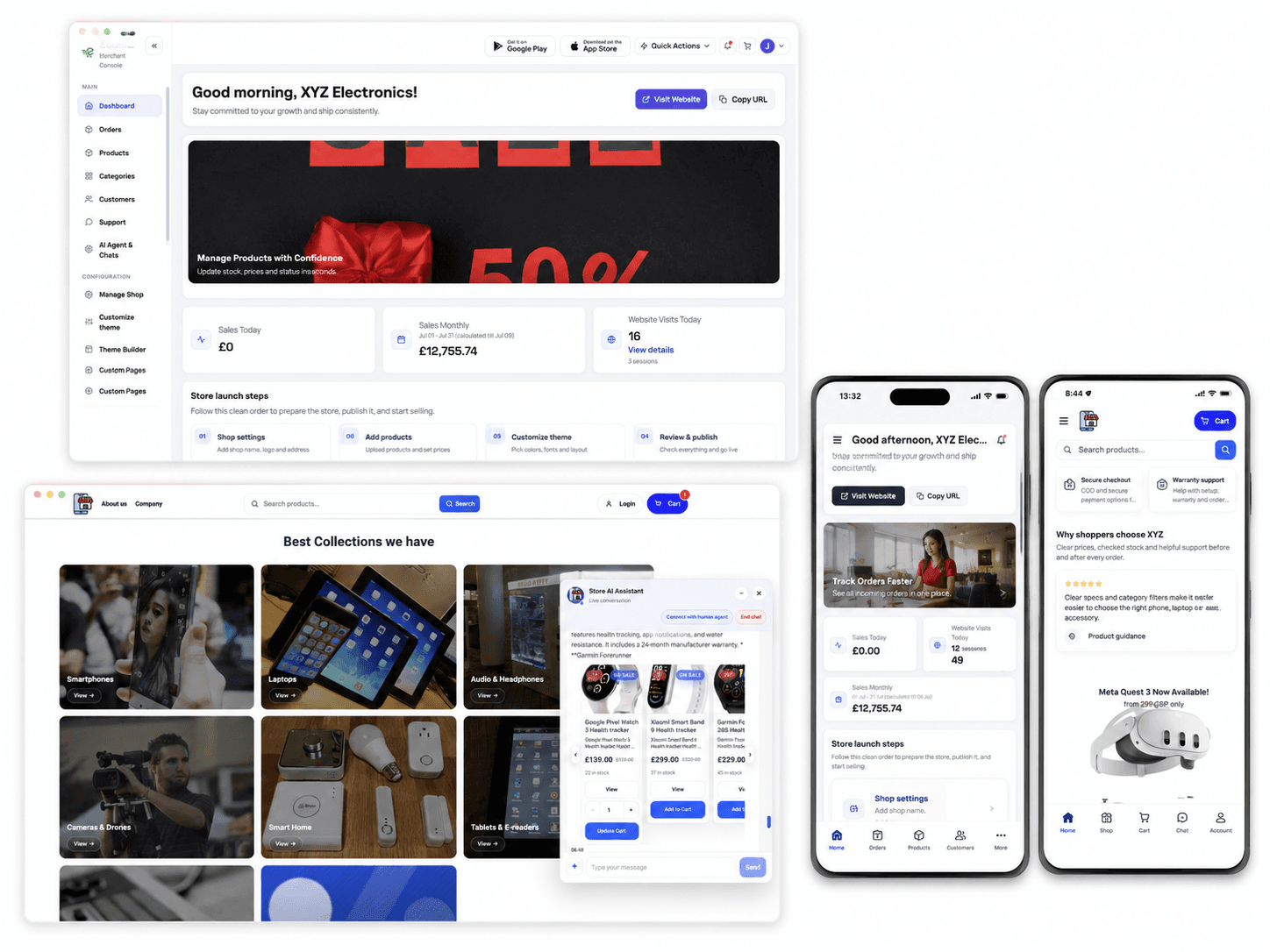 Ecomz platform merchant dashboard with branded storefront, AI assistant, and shop mobile apps